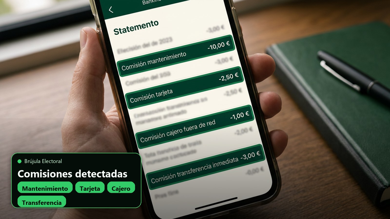 Extracto bancario con comisiones de mantenimiento tarjeta cajero y transferencia