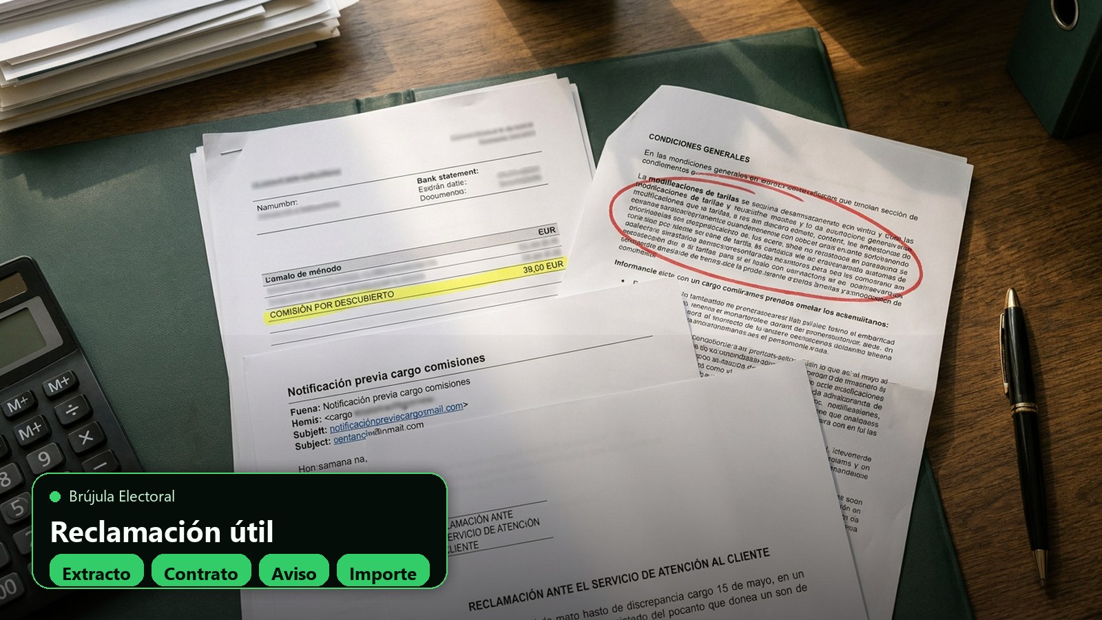 Preparación de una reclamación bancaria con extracto contrato aviso e importe