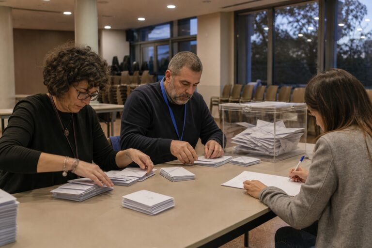 Tres integrantes de una mesa electoral cuentan sobres junto a la urna antes de cerrar el acta