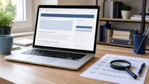 Persona revisando una convocatoria pública en un portátil y contrastando documentos oficiales