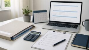 Carpeta de documentos, calculadora, calendario y lista de comprobación junto a un portátil