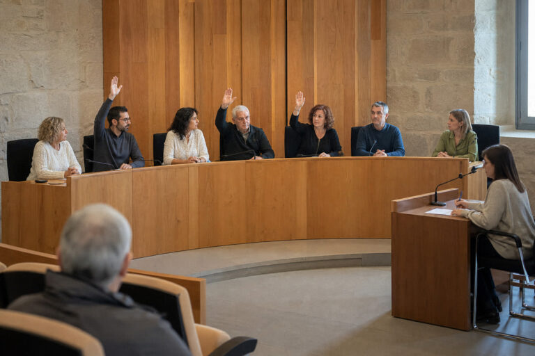 Integrantes de un pleno municipal votan mientras la secretaría registra el acuerdo y una persona observa desde la galería